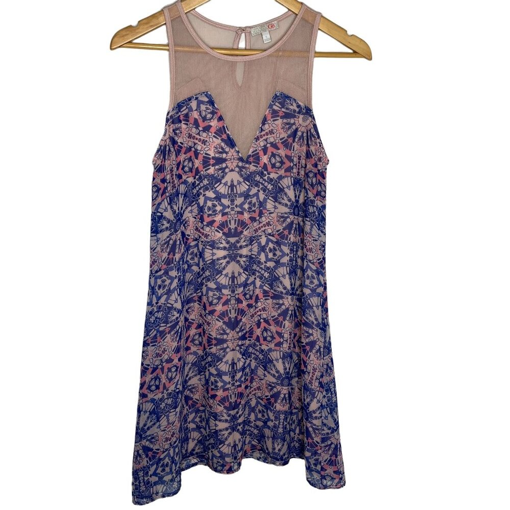 Gianni Bini Sleeveless Mesh Mini Dress Small Pink Blue Patterned Casual